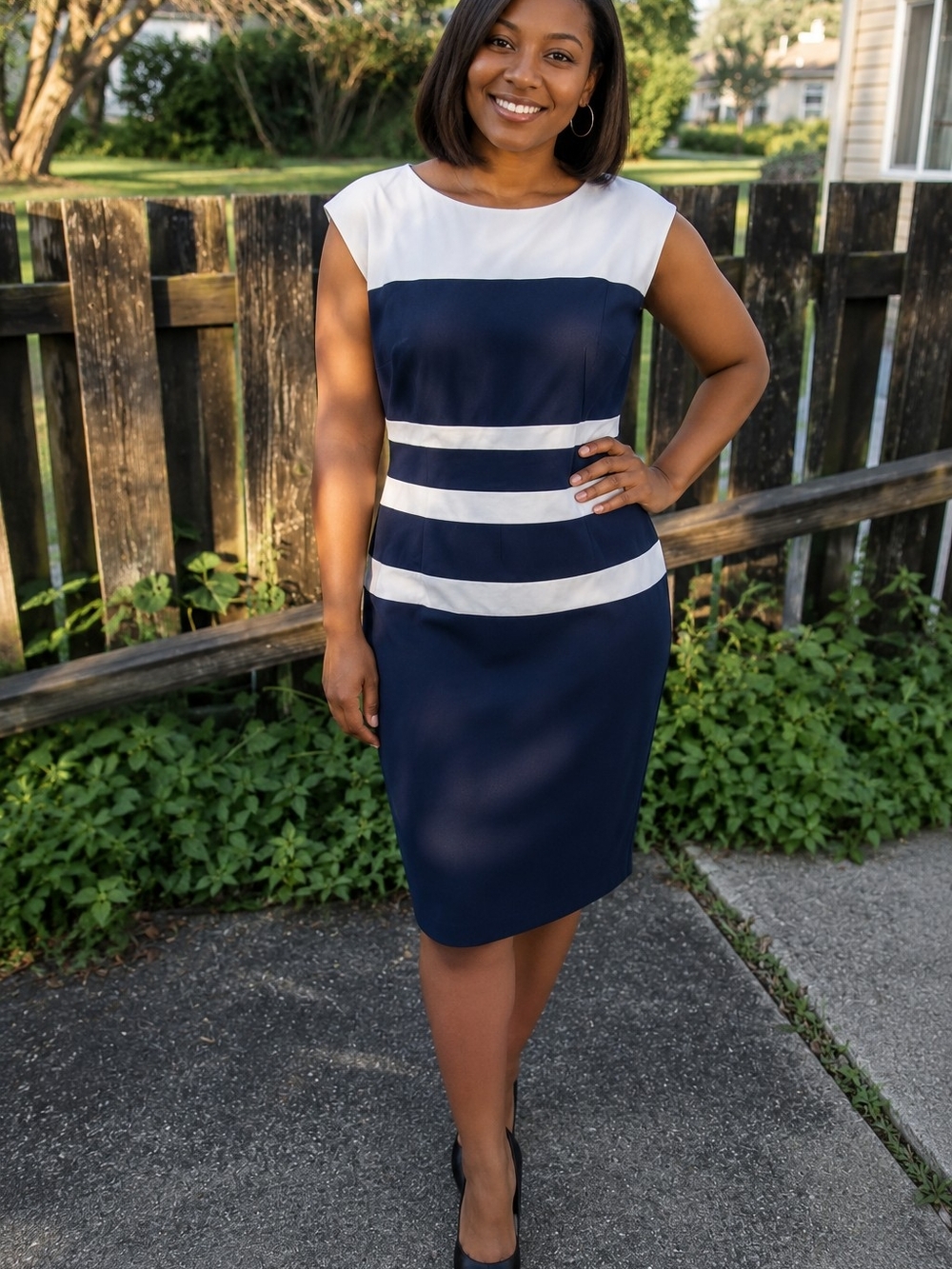 Ralph Lauren Navy and White Striped Sheath Midi Dress